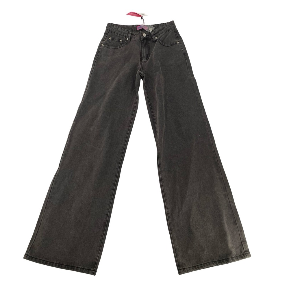 Edikted Women's Jeans Wide Leg Washed Black Denim Extra Small